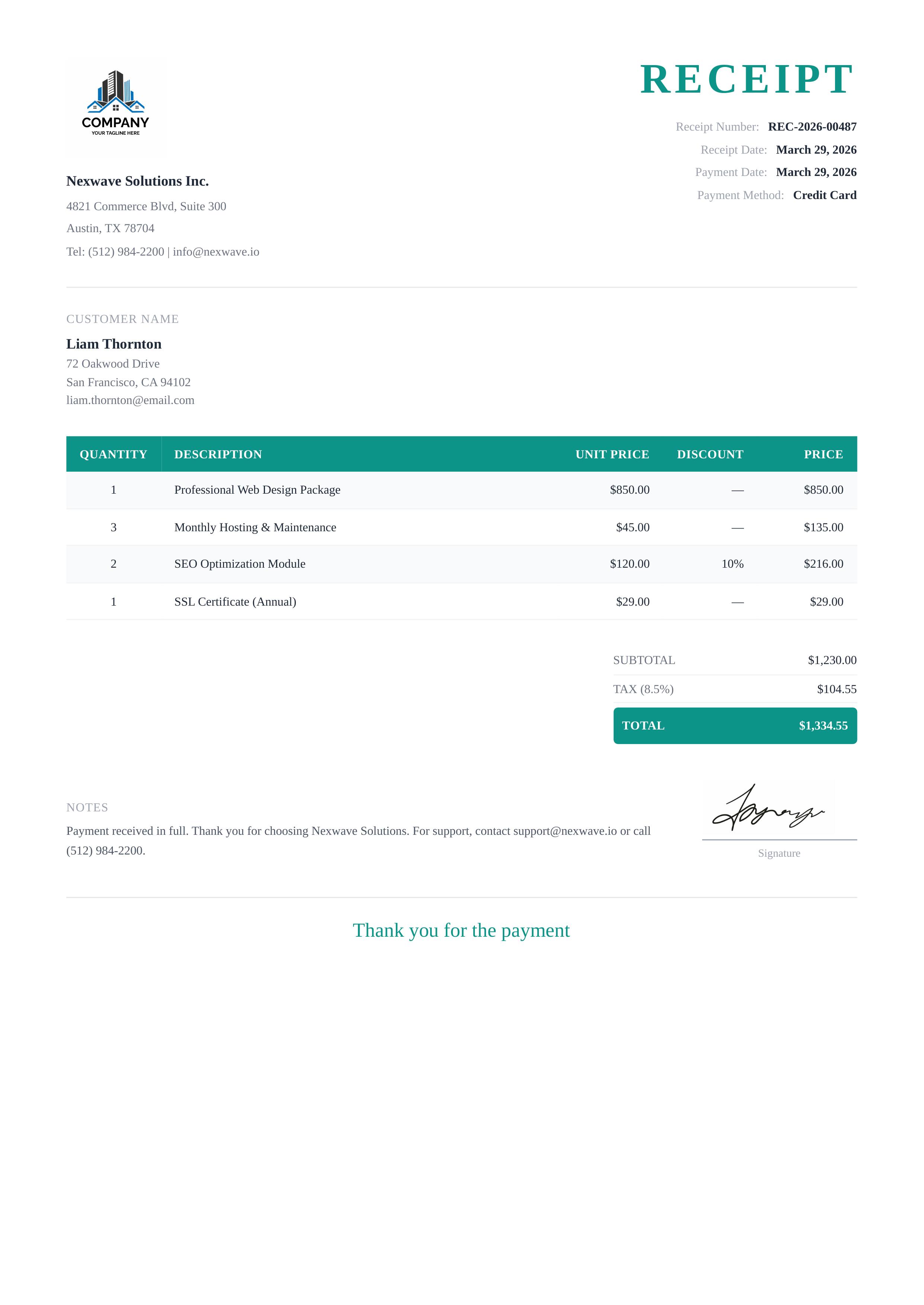 Teal Cascade Receipt